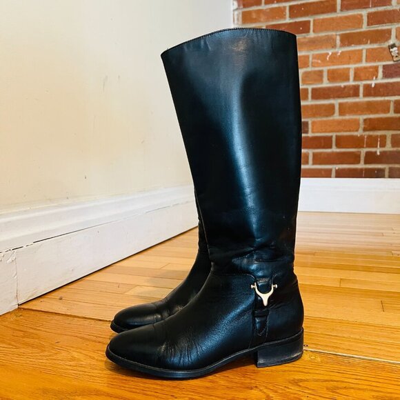 Etienne Aigner Boots 8 M Black Derby Riding Leather Pull On Knee High - Picture 1 of 16